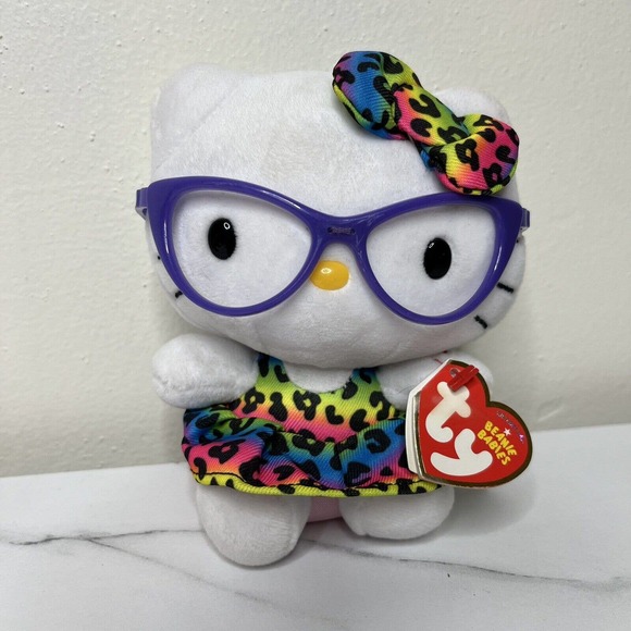 Ty Other - Ty Beanie Babies Hello Kitty Rainbow Leopard Dress & Bow Purple Glasses 6" NWT